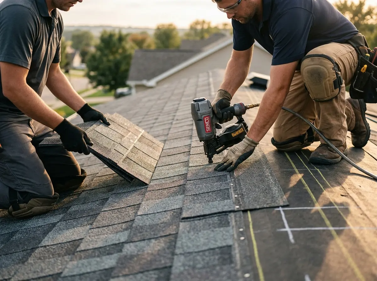 Professional roofer working on a residential roof in Poughkeepsie